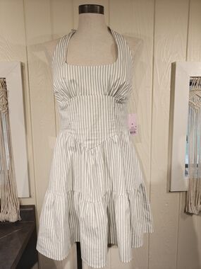wild fable White and Sage Green Striped Halter Mini Dress